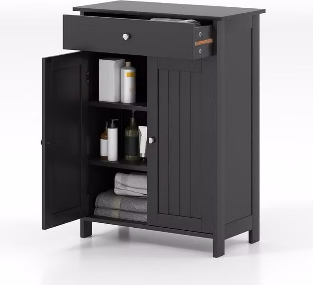 Gymax Black Freestanding Bathroom Floor Cabinet with 2 Hinged Doors and Internal Shelves