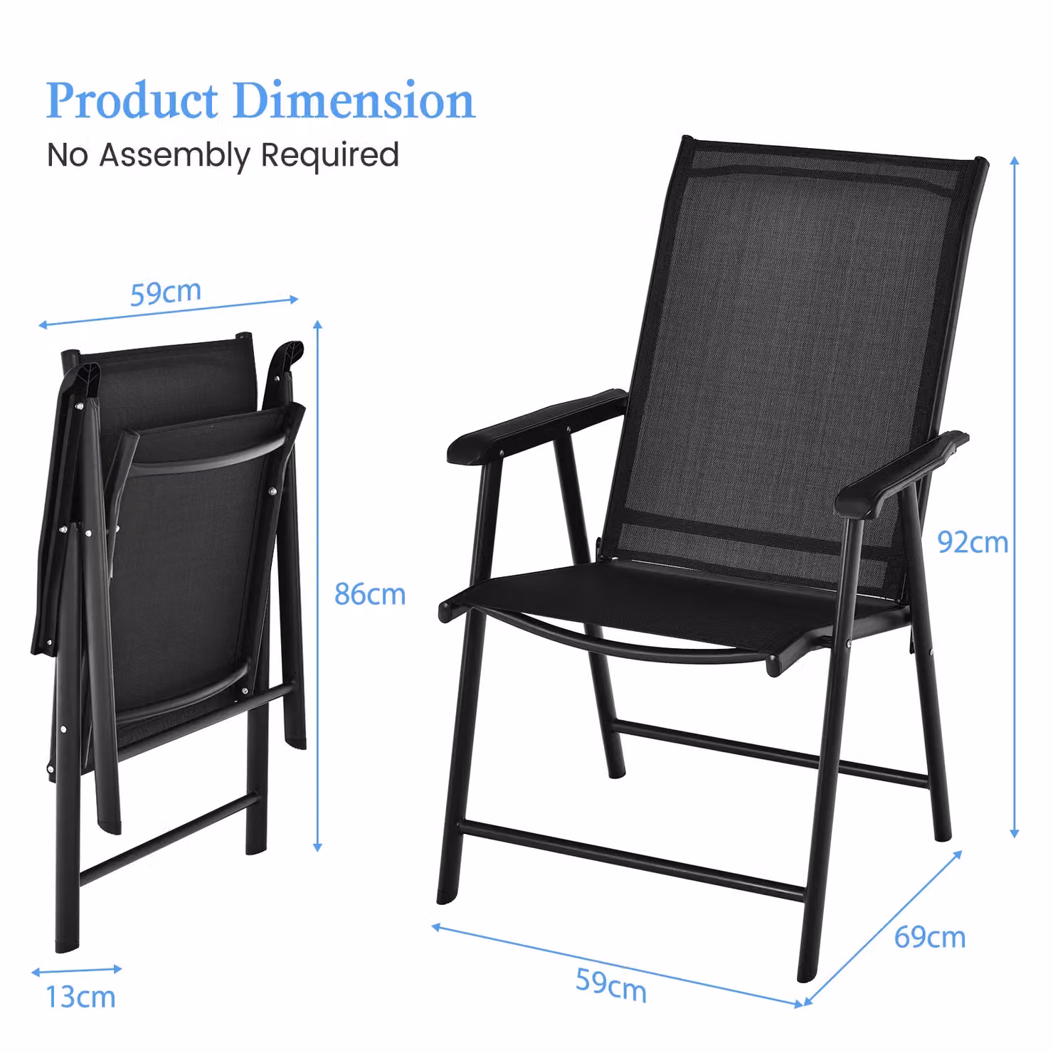 Costway Set of 2 Black Metal Folding Garden Armchairs with Armrests – 3