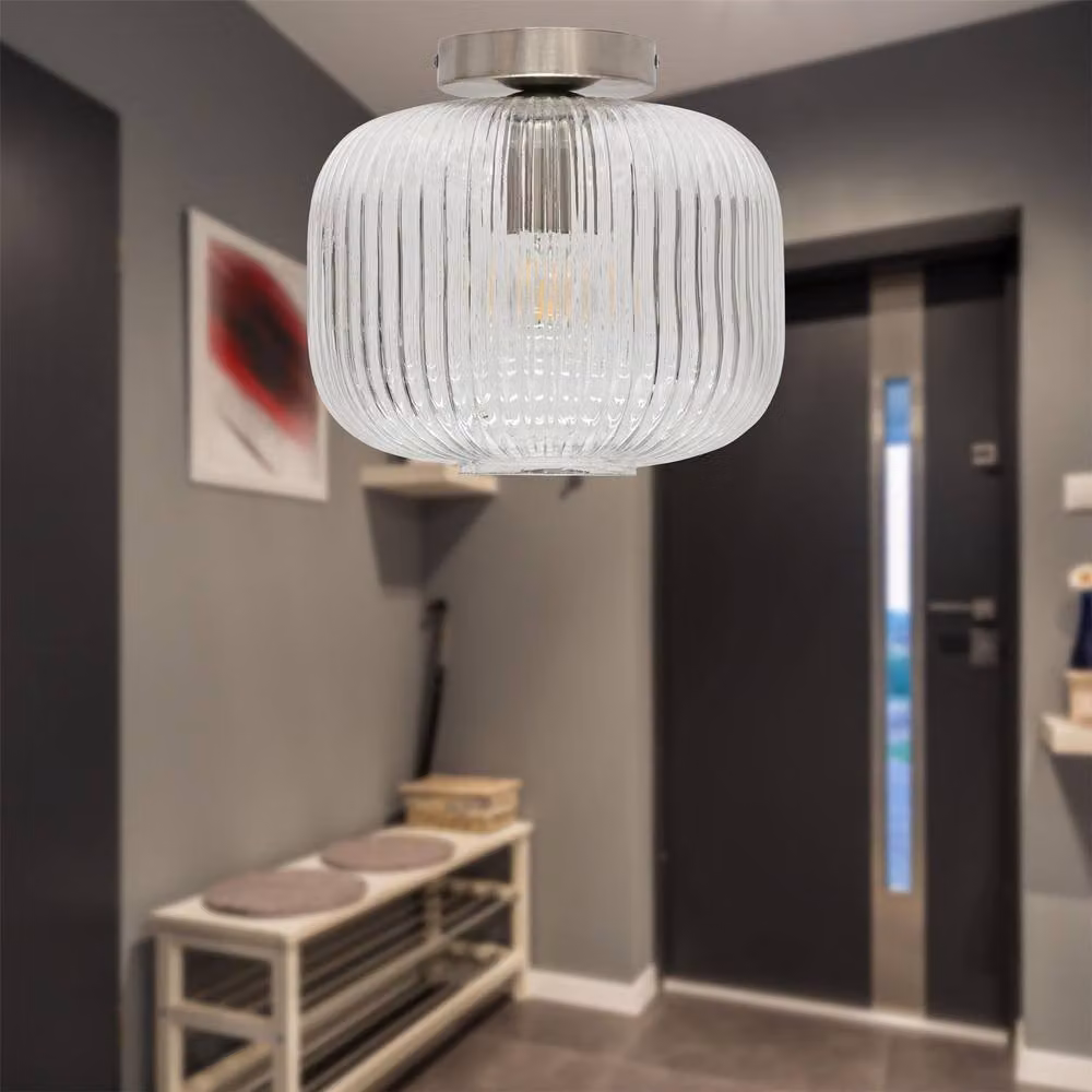 First Choice Lighting Batley Large Set of 2 Ceiling Lights with Clear Ribbed Glass and Satin Nickel Finish – 2