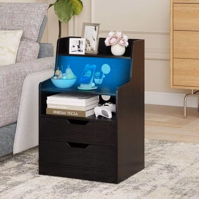 Costway Modern 2-Drawer LED Nightstand with Charging Station in Black