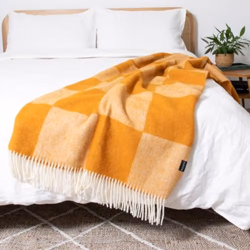 Simply Sheepskin Orange Checkerboard Jacquard Woven New Zealand Wool Blanket, W: 140 cm, L: 200 cm – 2