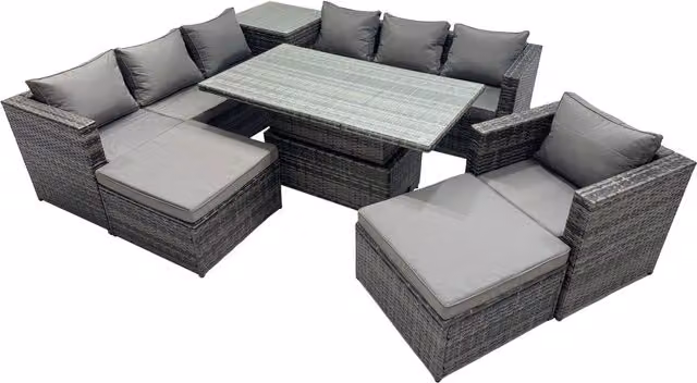 Fimous 9-Seater Outdoor Rattan Corner Sofa Set in Dark Grey with Adjustable Rising Table and Tempered Glass Top