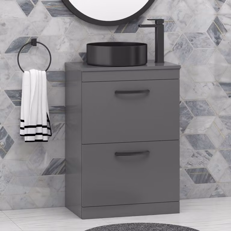 Royal Bathrooms Floor Standing 2 Drawer Vanity Unit in Indigo Grey Gloss, Width: 60 cm