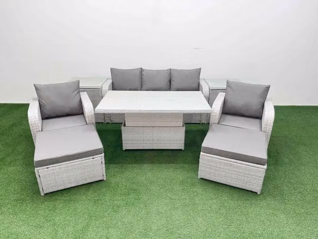 Fimous Grey PE Rattan Garden Furniture Set with 3-Seater Sofa, Reclining Armchairs, Ottomans, Side Tables and Adjustable Table