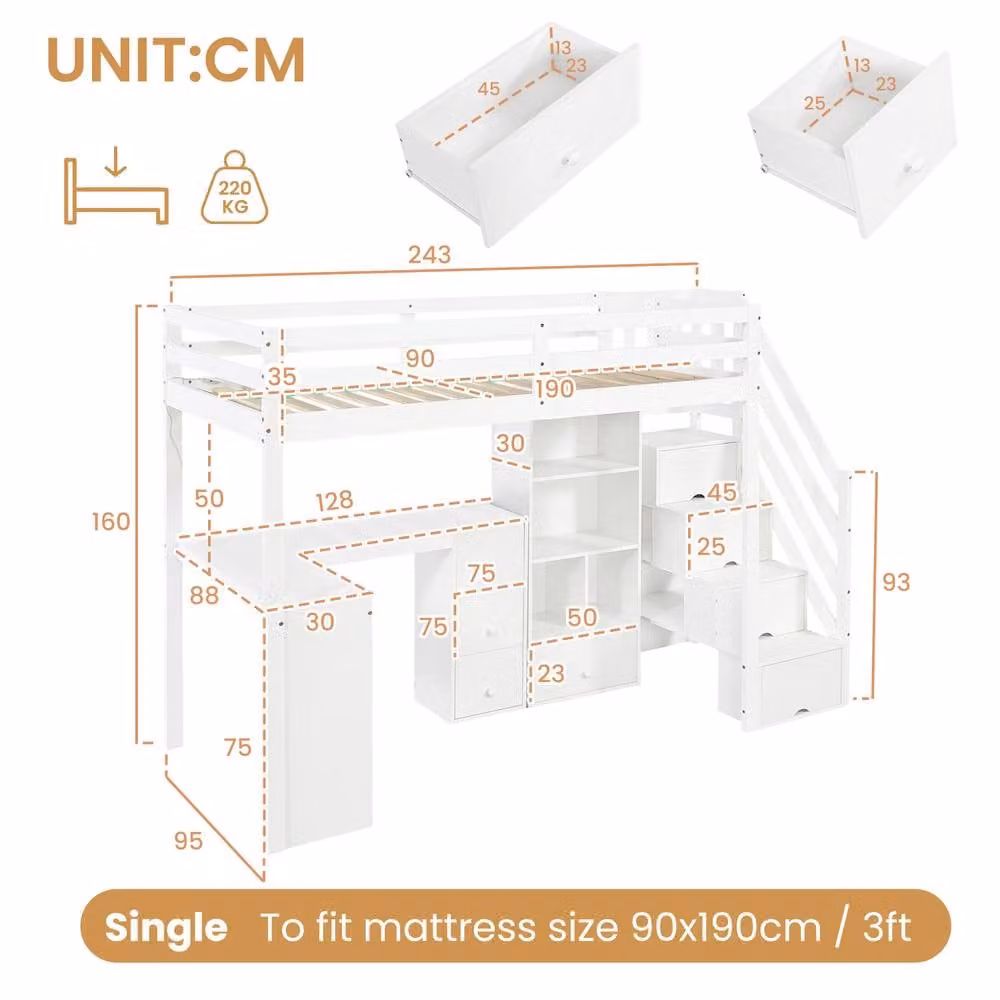 Rolipo Single Loft Bed with L-Shaped Desk, Storage Stairs and RGB LED Lighting, White, 140 x 200 cm – 3