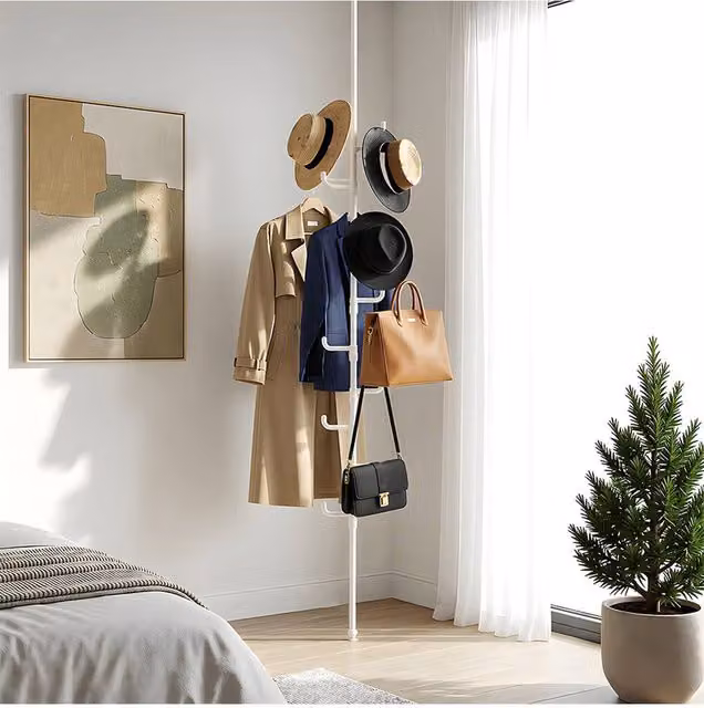 Living and Home No-Drill Adjustable Floor-to-Ceiling Metal Coat Stand in White – 1