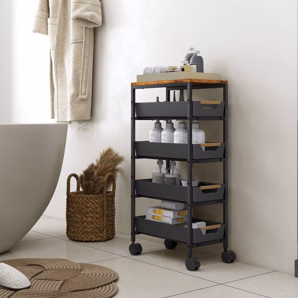 Wyld Haus Coli 5 Tier Slim Storage Trolley with Castors in Black and Brown – 6