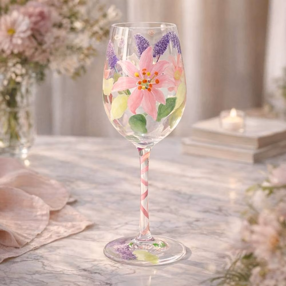 Lesser & Pavey Floral Hand Painted Wine Glass, Multicolour, 400ml – 2