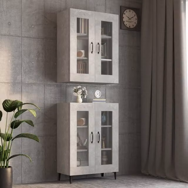 Berkfield Home Wall Mounted Hanging Cabinet with Glass Doors in Grey, W/D/H: 69.5 x 34 x 90 cm