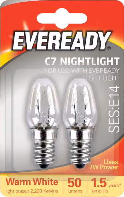 Eveready Pack of 2 E14 Warm White Candle Night Light Bulbs, 7W