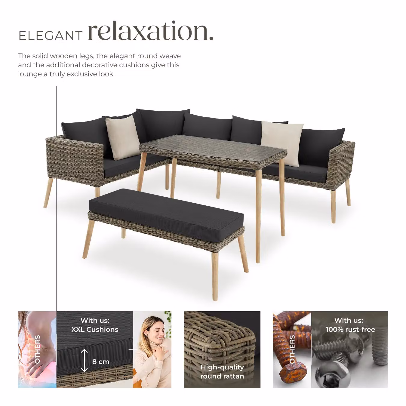 tectake Pula Rattan Lounge Set with Powder Coated Aluminium Frame and Upholstered Cushions in Sand, 4 Person – 3