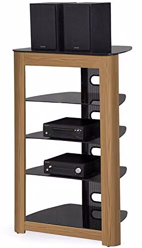 Centurion Supports Zinnia 5-Shelf Gloss Black and Mountain Oak Real Wood Veneer AV Rack Glass Multimedia Stand W/D/H: 102 x 49 x 68 cm – 5