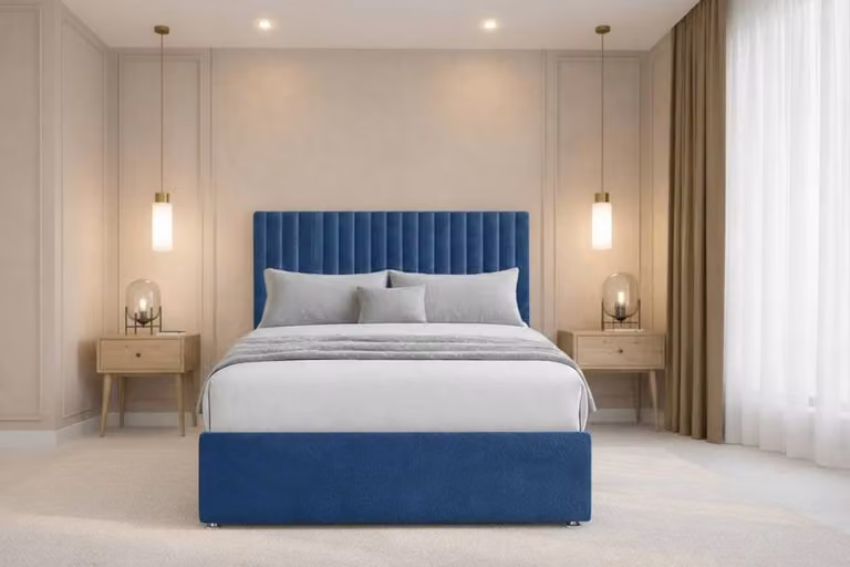 Chester & Oakley Lorenzo Plush Divan Bed Base with 2 Drawers and 26 inch Headboard in Blue, Small Double, W/D/H: 120 x 200 cm