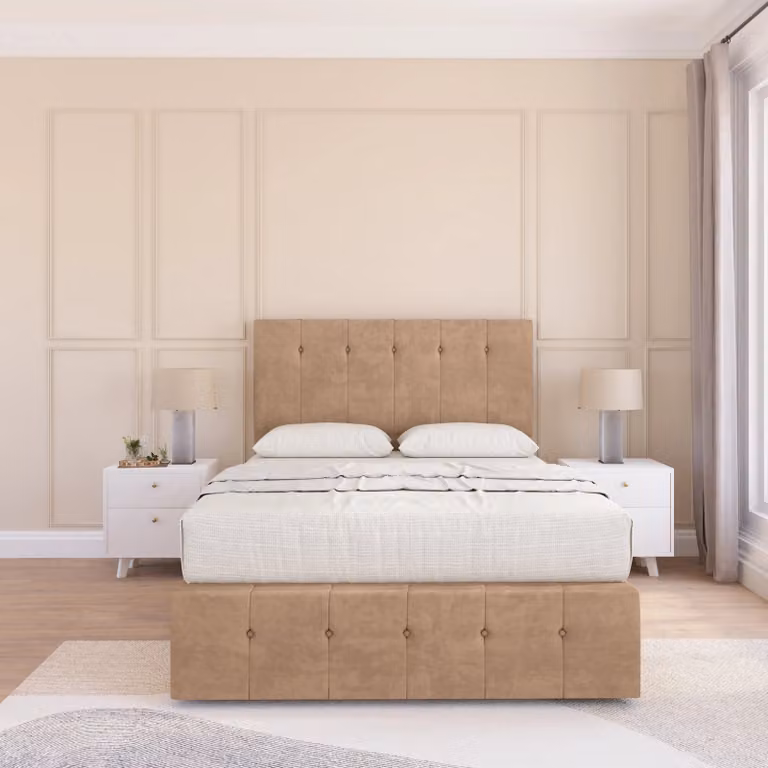 Sloomy Highbury King Size Divan Bed Base and Floor Standing Headboard in Beige Velvet Fabric, W/D/H: 180 x 200 cm