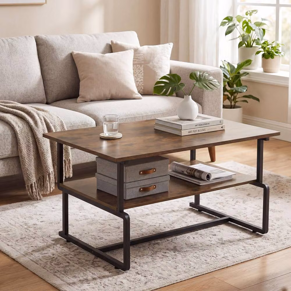 Gymax Industrial Double Tier Rectangular Coffee Table in Brown – 3