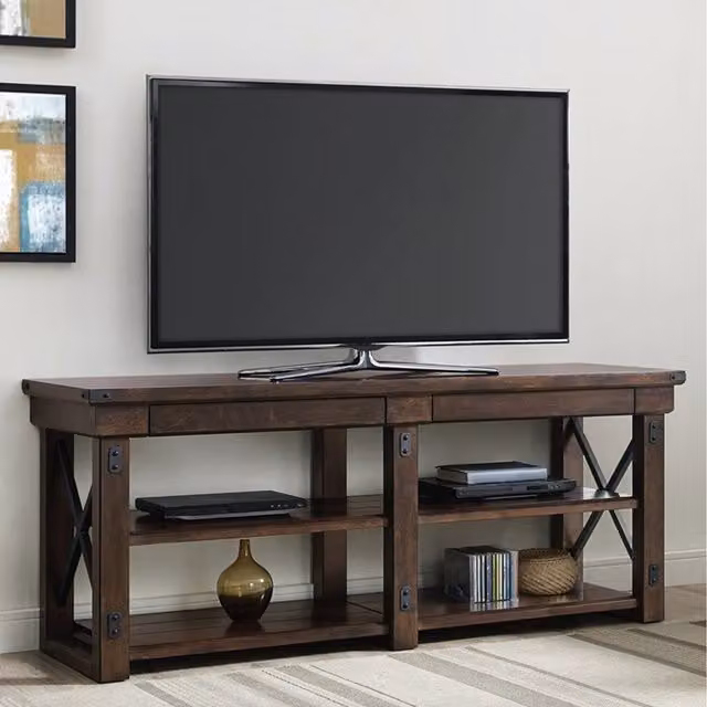 Dorel Rustic Oak Wood TV Stand with Shelves in Brown – 1