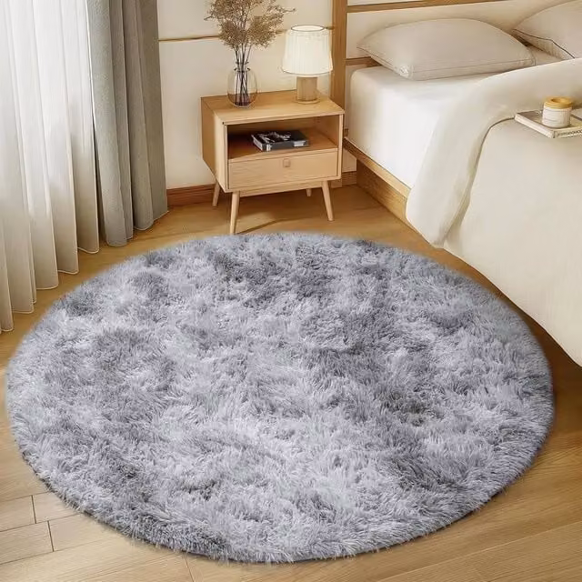 FORGEVIO Round Fluffy Faux Fur Rug in Light Grey, Diameter: 100 cm