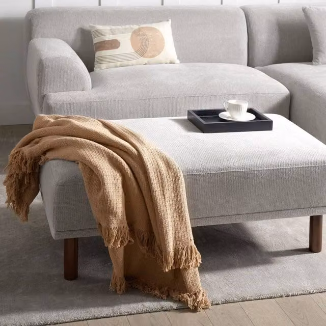Wyld Haus Rectangular Fabric Ottoman in Grey, W/D/H: 112 x 67 x 44 cm