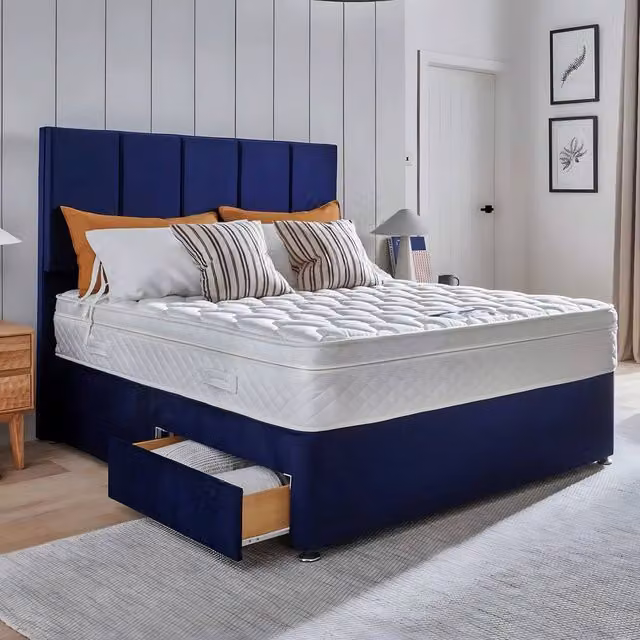 Paradise Beds Luxe Blue Velvet Upholstered Divan Bed Set with Storage Drawers and Spring Mattress, W/D/H: 90 x 190 cm