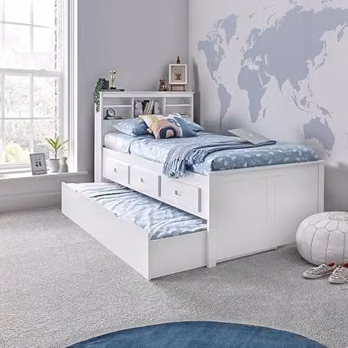 Bedmaster Venus White Bookcase Day Bed with Trundle and Pocket Sprung Mattress, W/D/H: 190 x 90 x 119.5 cm