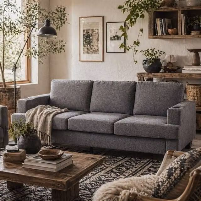 Wyld Haus Sefa Grey 3 Seater Fabric Sofa with USB Charging, Cup Holders and Removable Covers W: 213 cm, H: 82 cm, D: 90 cm – 1