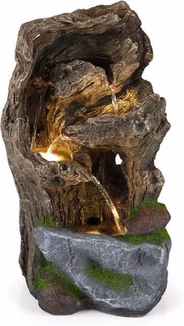 COSTWAY 4-Tier LED Tabletop Rock Water Fountain in Brown with Rustic Organic Design