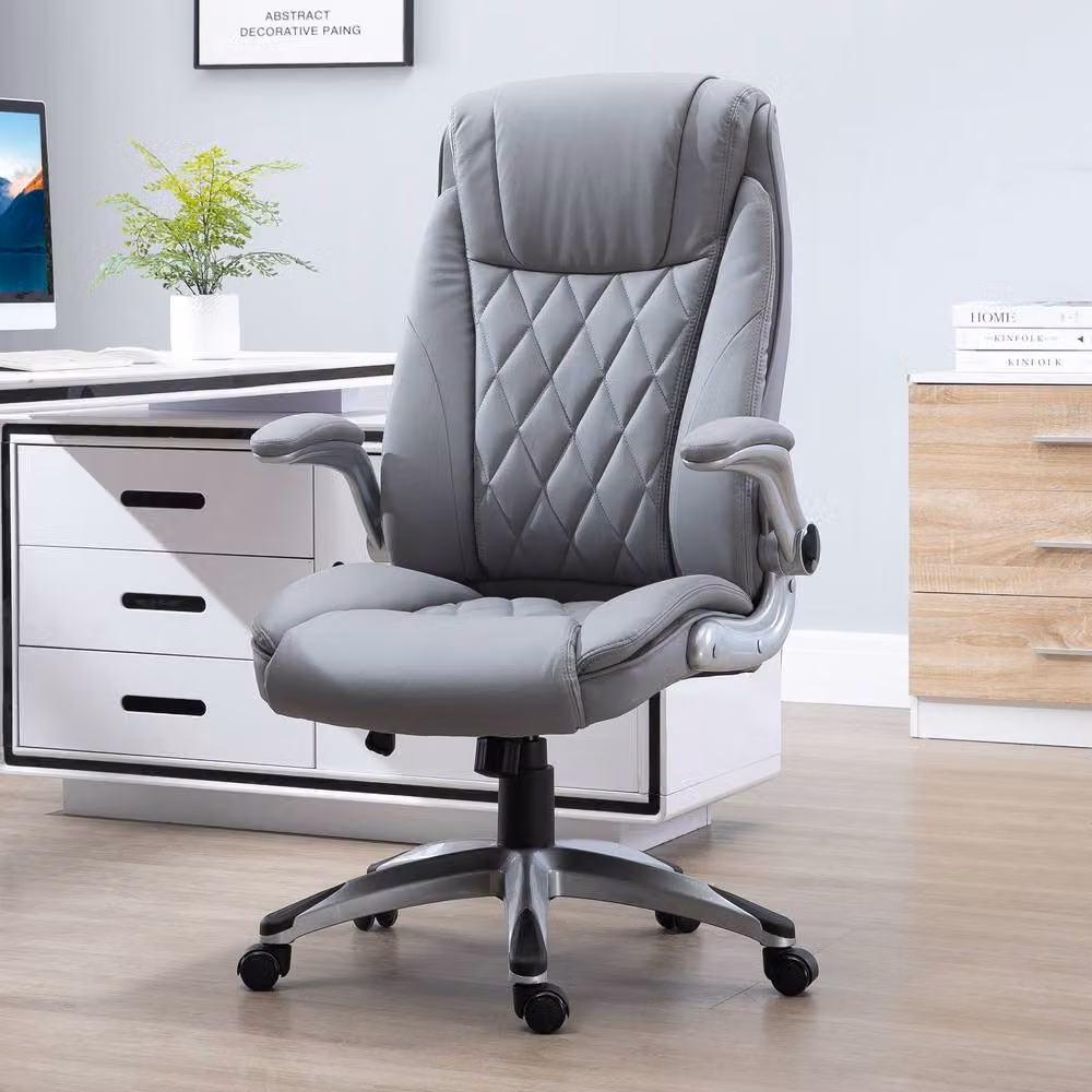 Rolipo Grey Faux Leather Executive Office Chair with Headrest and 360 Degree Swivel – 2