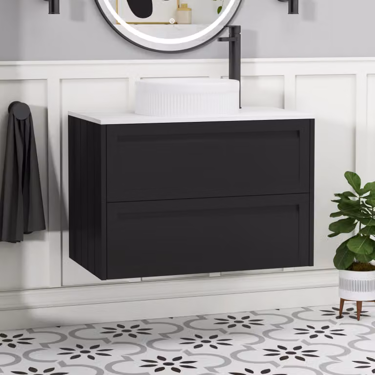 Royal Bathrooms Elmore Wall Hung Vanity Unit with 2 Drawers and Round Basin in Matt Nocturne Black