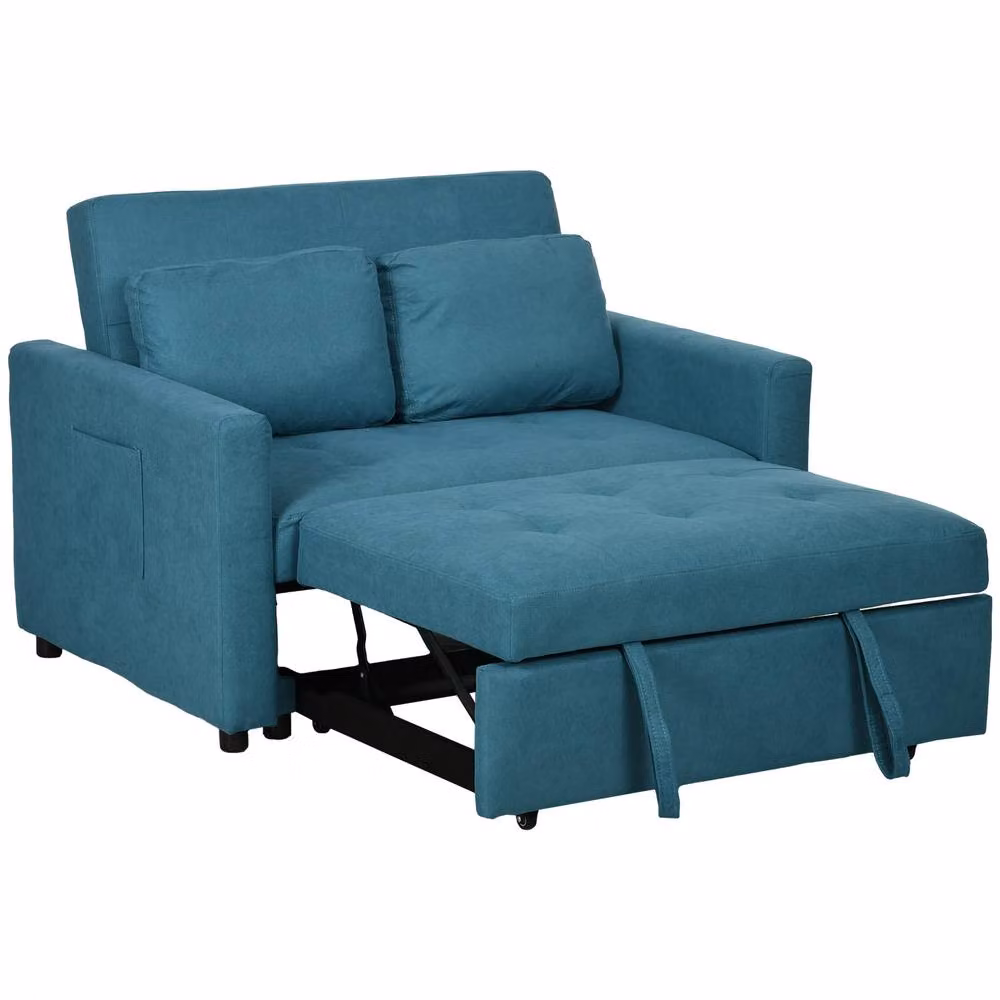 STILVORA 3-in-1 Blue Velvet Loveseat Sofa Bed with Solid Wood Frame and Side Pockets – 3
