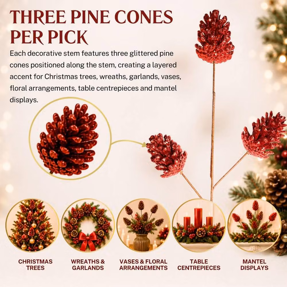 Shatchi Red Glitter Pine Cone Christmas Picks, 12 Pack, Height: 58 cm – 4