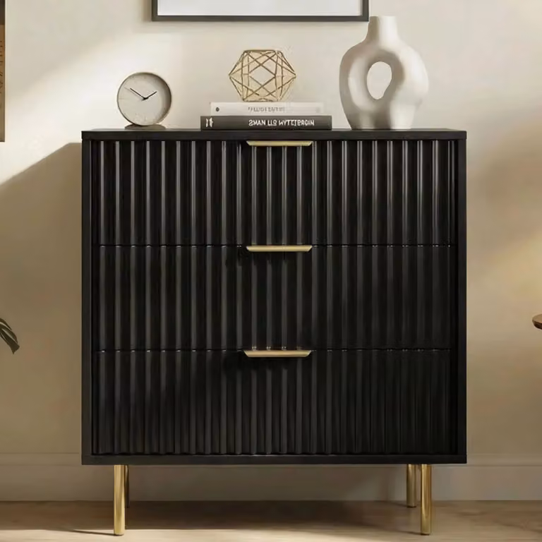 DHS Flutrina Black Painted 3 Drawer Chest of Drawers with Metal Legs, W: 79 cm, D: 40 cm, H: 70 cm