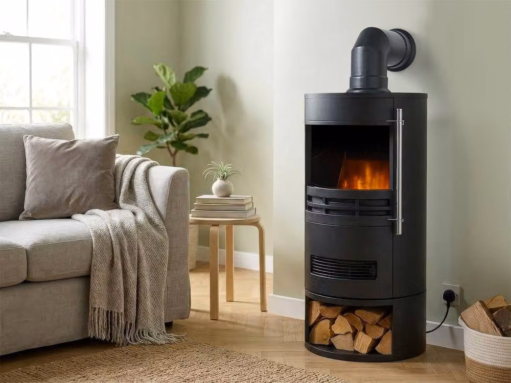 Adam Fires & Fireplaces Dunston Round Stove with Log Store and Angled Pipe in Black – 2