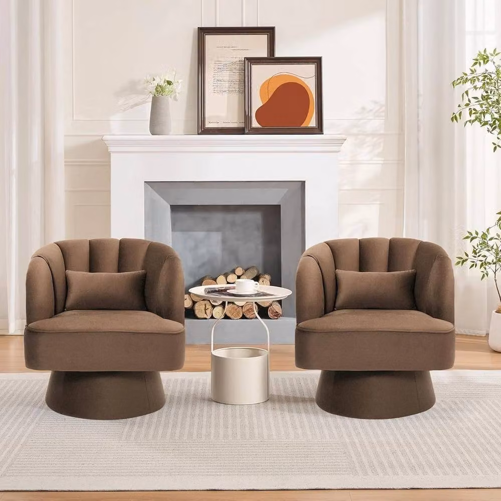 VOGREX Modern Brown Velvet Swivel Accent Armchair with Back Cushion – 3