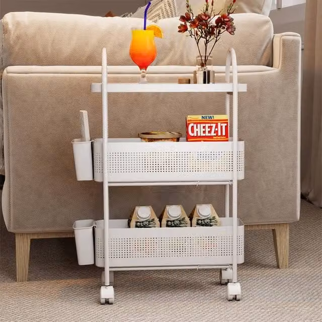 Levede 3 Tier Narrow Trolley Cart with Hanging Storage Basket in White
