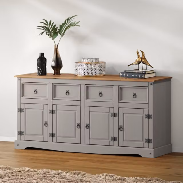 Mercers Furniture Corona 4 Door 4 Drawer Sideboard in Distressed Grey Waxed Solid Pine Wood
