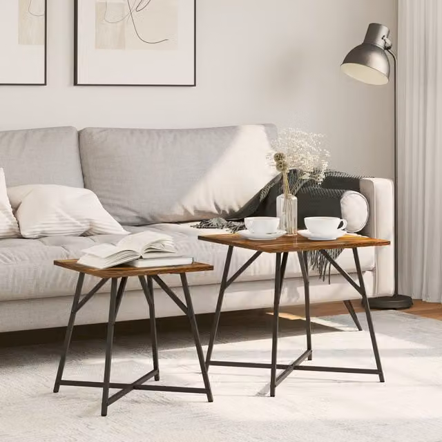 Berkfield Home Side Table Set of 2 in Brown Smoked Oak and Metal – 1