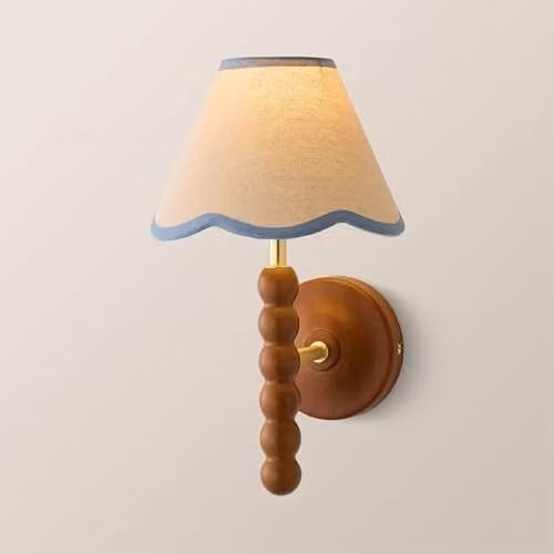 ValueLights Bobbins Walnut Bobble Wall Light with Blue Fabric Shade