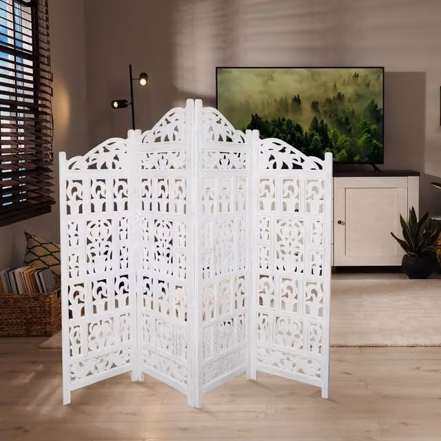 Topfurnishing Gamla 4 Panel Heavy Carved Wooden Room Divider Screen in White with Floral Design