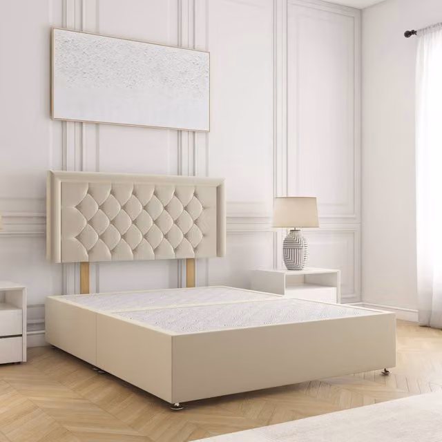 BSSPOKE Nova Plush Velvet Divan Bed with 24 inch Headboard in Beige, Small Double, W/D/H: 120 x 200 cm