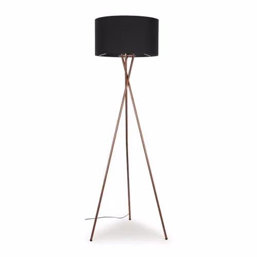 ValueLights Camden Copper Metal Tripod Floor Lamp with Grey Fabric Cylinder Shade – 1