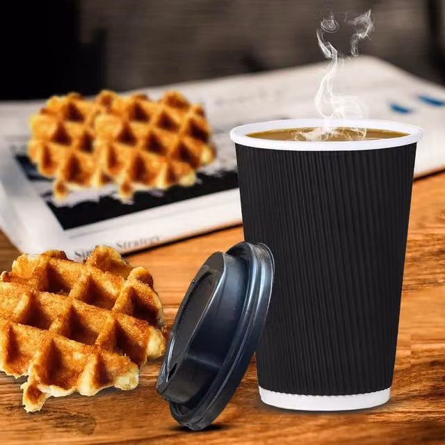 ECONX Disposable Kraft Paper Coffee Mugs with Lids, Black, 473 ml