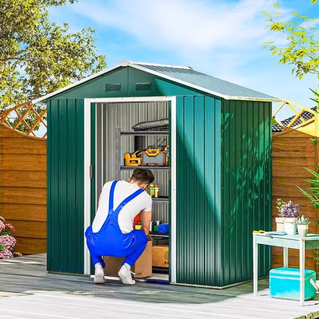 OUTSUNNY Large Green Galvanised Steel Garden Storage Shed with Sliding Doors and Side Vent – 1