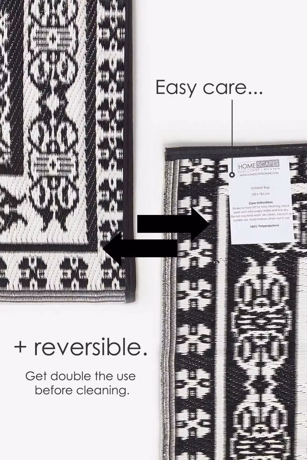 Homescapes Reversible Woven Outdoor Garden Rug with Black and White Mosaic Motif, W/D/H: 120 x 180 x 1 cm – 6