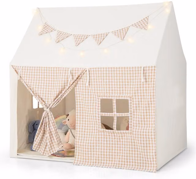 Costway Foldable Kids Play Tent with Padded Mat in Beige and White