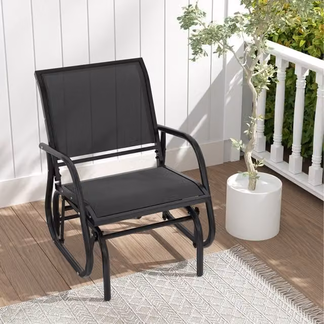 Costway Modern Black Textilene Chaise Lounge Chair with Armrests and Powder Coated Steel Frame