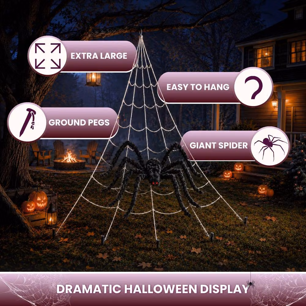 Marco Paul Giant Halloween Spider Web with Fuzzy Spider Outdoor Decoration, Black, W: 5 m, D: 4.8 m – 3