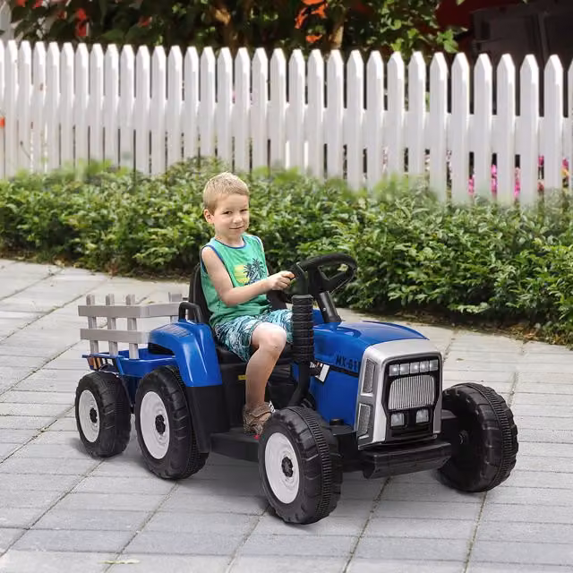HOMCOM Blue Electric Ride On Tractor with Detachable Trailer and Remote Control