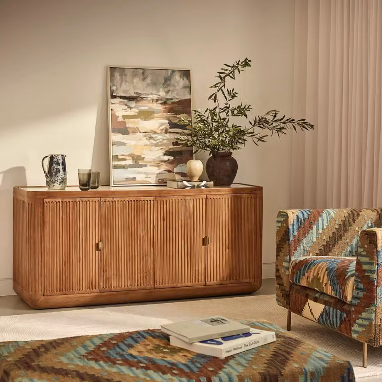 Atkin & Tyme Claris Fluted Marble Sideboard in White and Brown with Mango Wood and Stone