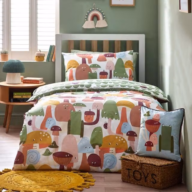 Funguys Mushroom Duvet Cover Set, Multicolour and White, Single, 90 x 190 cm