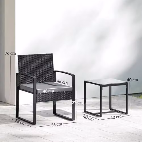 Outsunny 3 Piece Grey PE Rattan Bistro Set with Upholstered Cushions for Garden and Terrace – 6